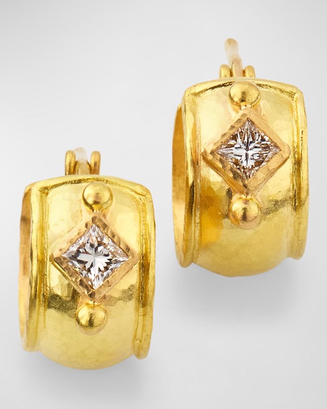 19K Yellow Gold Baby Curved Wide Hoop Earrings with 3mm Princess-Cut Diamonds